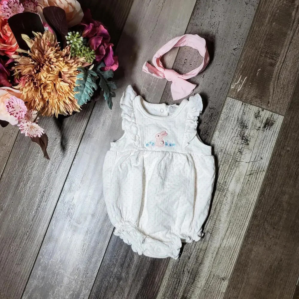 Starting Out Cotton White & Pink Polka Dot Bunny Rabbit Baby Girl Outfit Size 6M - Picture 2 of 11